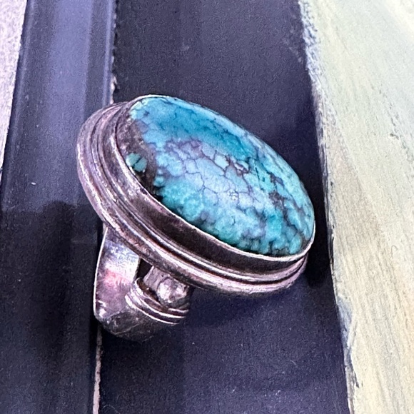 Turquoise Ring 12.6g Oval Cabochon Natural Spider Web Tibetan Green Sz 6.25 4077 - Picture 8 of 13